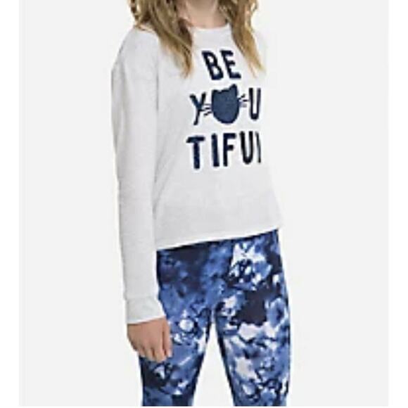 Justice Gray Blue Sparkle Be Beyoutiful Cat Girls’ Long Sleeve Tee Top Size 12 - Picture 1 of 5